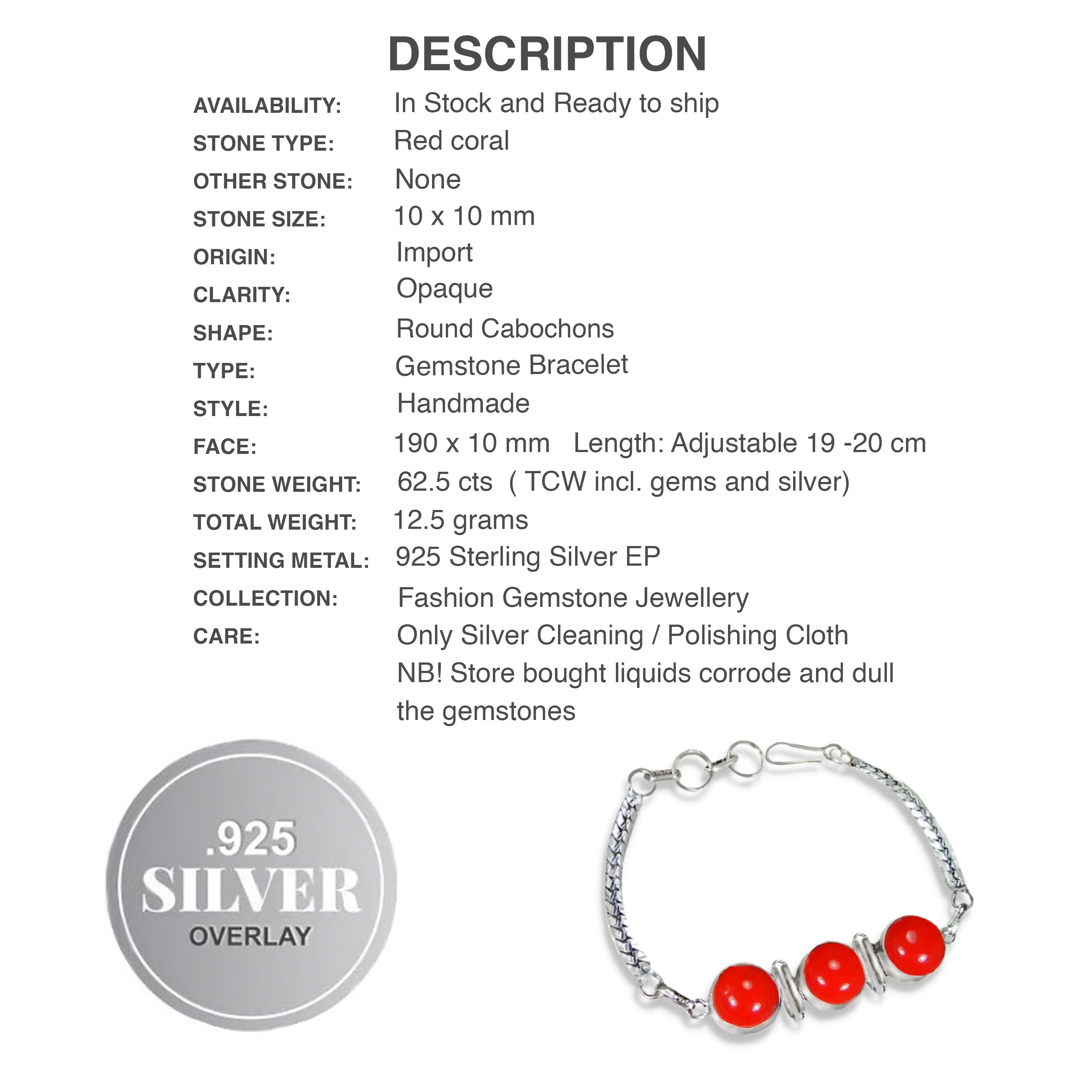 Handmade Red Coral Ovals Gemstone .925 Sterling Silver Bracelet