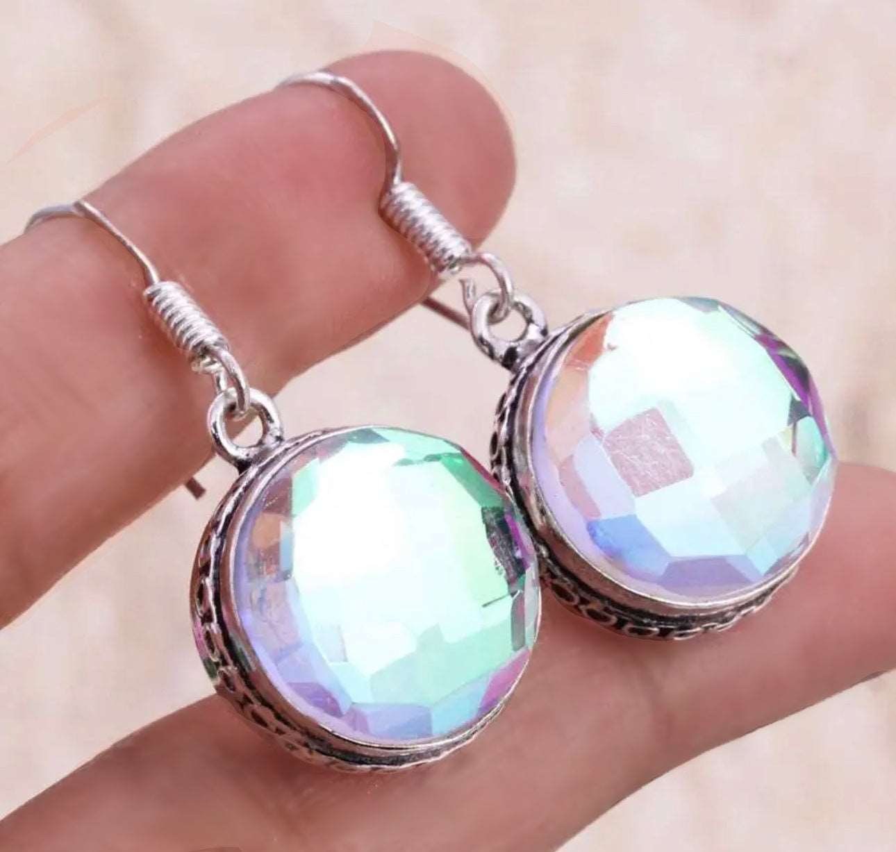 Aqua Pink Mystic Fire Topaz Round .925 Sterling Silver Earrings