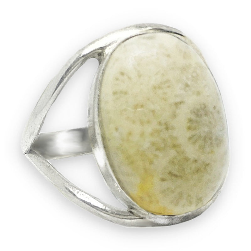 Natural Fossil Coral Gemstone .Solid .925 Sterling Silver Ring Size US 8 / Q