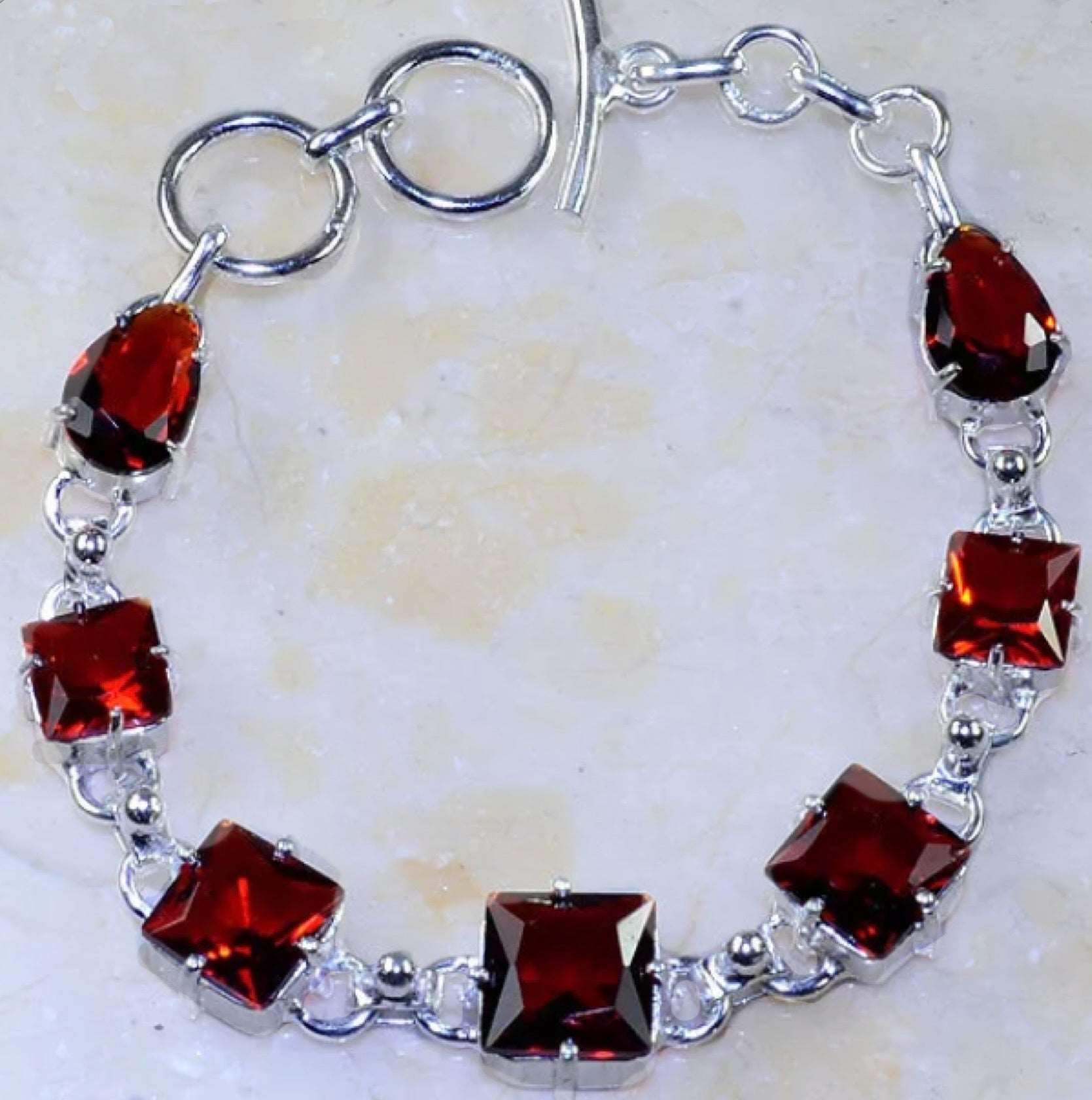 Handmade Faceted Garnet Squares Gemstone .925 Silver Fashion Bracelet