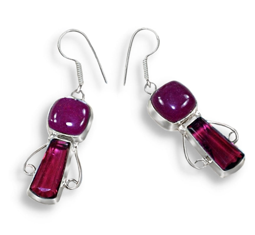 Handmade Indian Cherry Red Ruby Pink Red Ruby Quartz  Baguette Earrings Set in .925 Silver