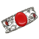 Handmade Red Coral. Garnet Gemstone .925 S/Silver Cuff Bangle