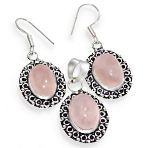 Natural Pink Rose Quartz Oval .925 Sterling Silver Pendant and Earrings Set