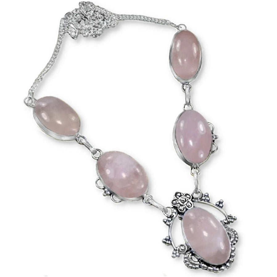 Handmade Antique Style Natural Rose Quartz Gemstone .925 Sterling Silver Necklace