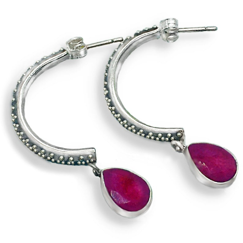 Natural Cherry Ruby Pear Shape Gemstones Set in Solid .925 Sterling Silver Earrings