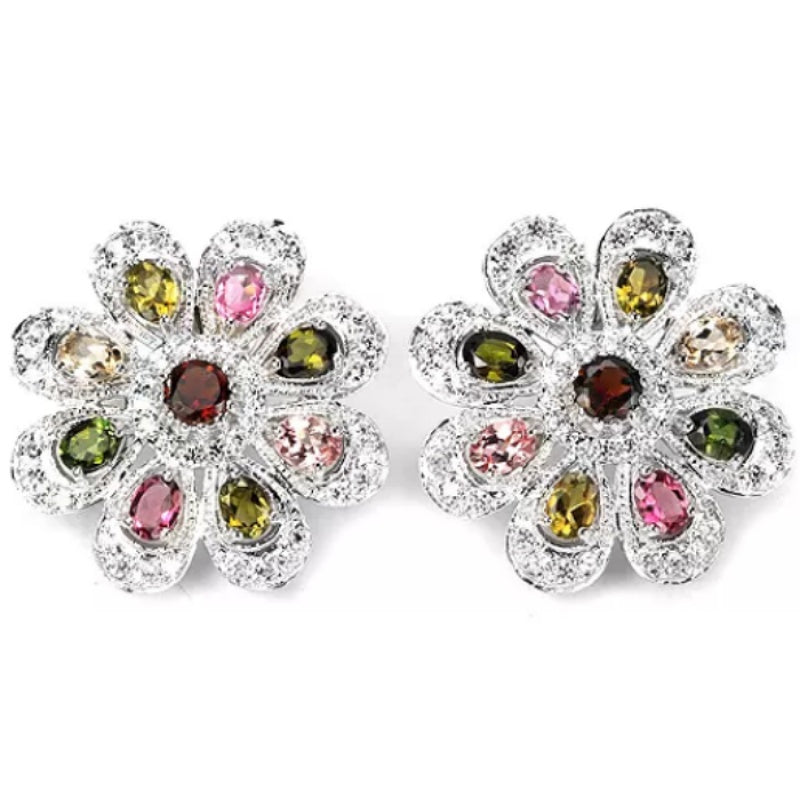 Natural Multi Tourmaline, White Cubic Zirconia Gemstone Solid .925 Sterling Silver Earrings