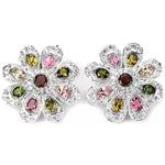 Natural Multi Tourmaline, White Cubic Zirconia Gemstone Solid .925 Sterling Silver Earrings