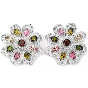 Natural Multi Tourmaline, White Cubic Zirconia Gemstone Solid .925 Sterling Silver Earrings