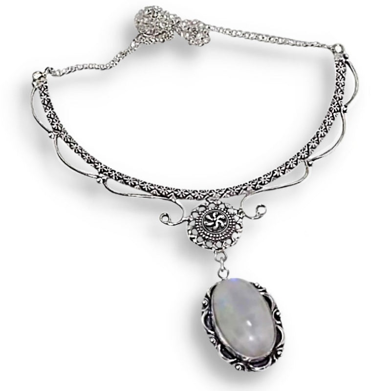 Victorian Style Natural Rainbow Moonstone Gemstone .925 Silver Necklace