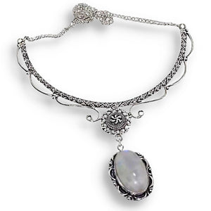 Victorian Style Natural Rainbow Moonstone Gemstone .925 Silver Necklace