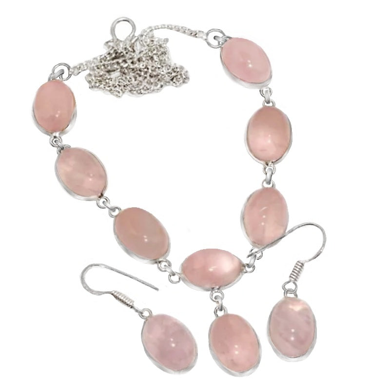 Natural Rose Quartz .925 Sterling Silver Necklace and Earrings Set