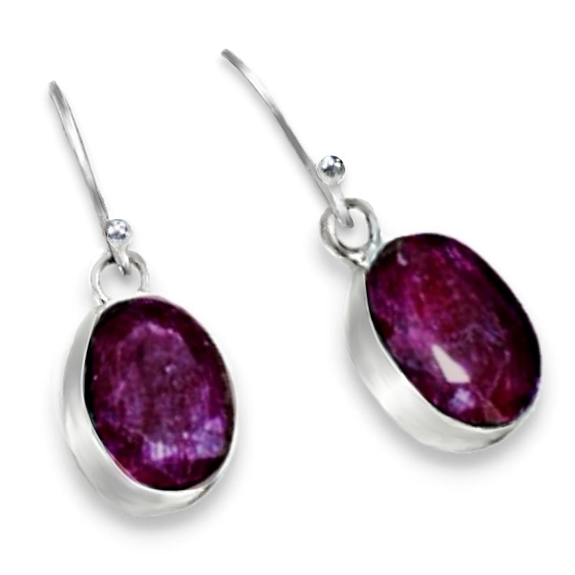 Handmade Indian Cherry Ruby Oval Earrings Set in .925 Sterling Silver