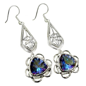 Trillion Cut Blue Purple Flash Mystic Rainbow Topaz Dangle Earrings In Solid 925 Sterling Silver