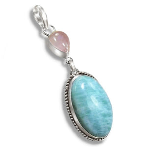 Handmade Natural Aquamarine, Rose Quartz Gemstone .925 Sterling Silver Pendant