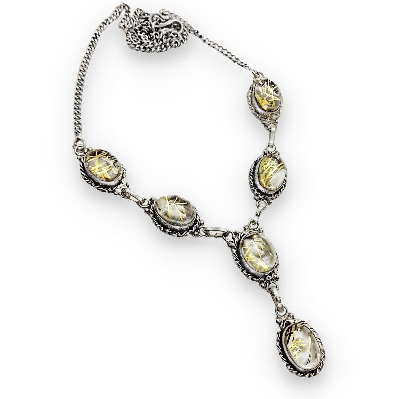 Handmade Golden Rutile Quartz set in .925 Sterling Silver Plated Necklace