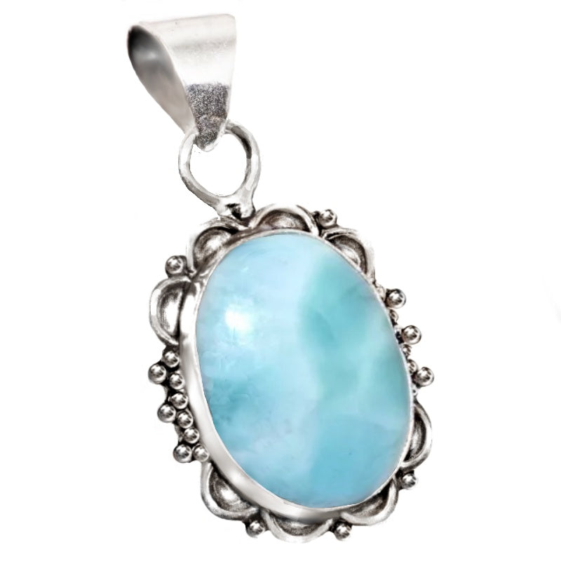 Handmade Rare Natural Caribbean Larimar Gemstone.925 Sterling Silver Pendant