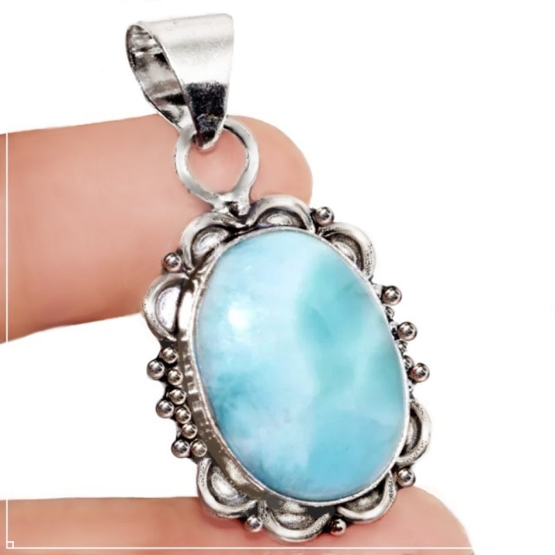 Handmade Rare Natural Caribbean Larimar Gemstone.925 Sterling Silver Pendant