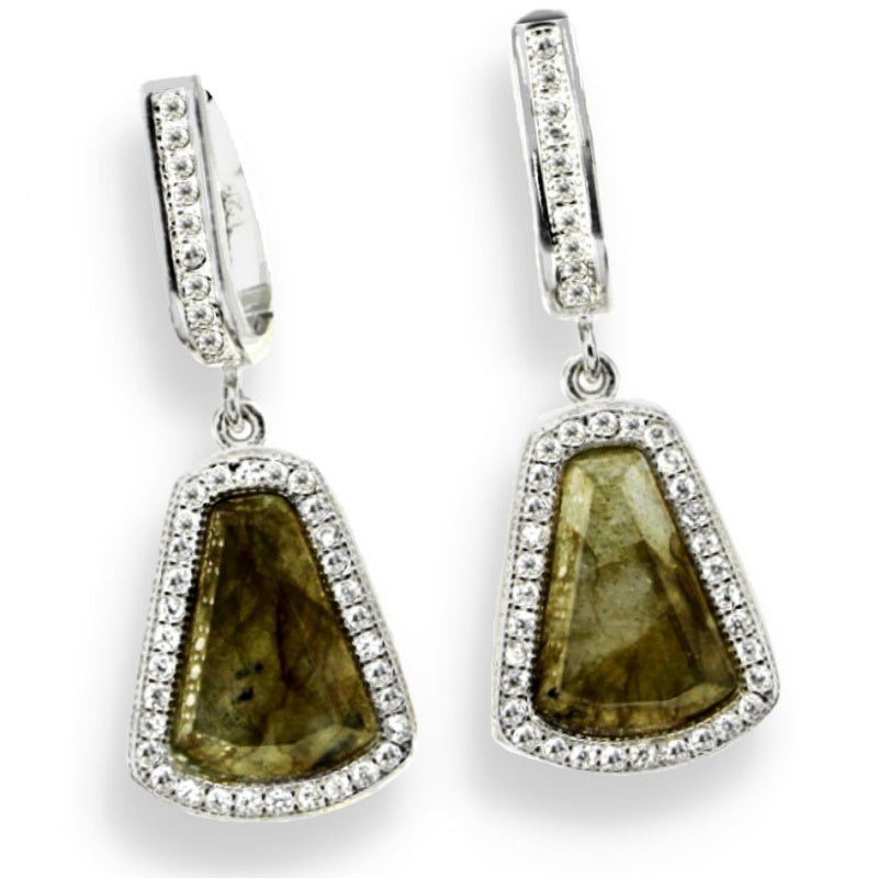 Rare Deluxe Natural Unheated Labradorite AAA White CZ Solid .925 Silver 14K White Gold Earrings