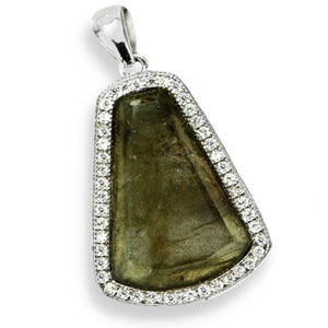 Rare Deluxe Natural Unheated Labradorite AAA White CZ Solid .925 Silver 14K White Gold Pendant