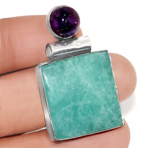 Natural Peruvian Amazonite and Purple Amethyst Gemstone .925 Sterling Silver Pendant