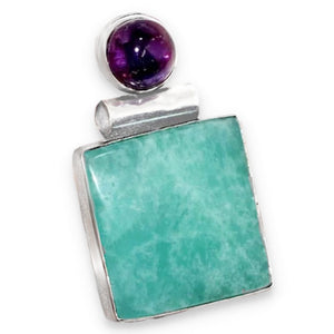 Natural Peruvian Amazonite and Purple Amethyst Gemstone .925 Sterling Silver Pendant