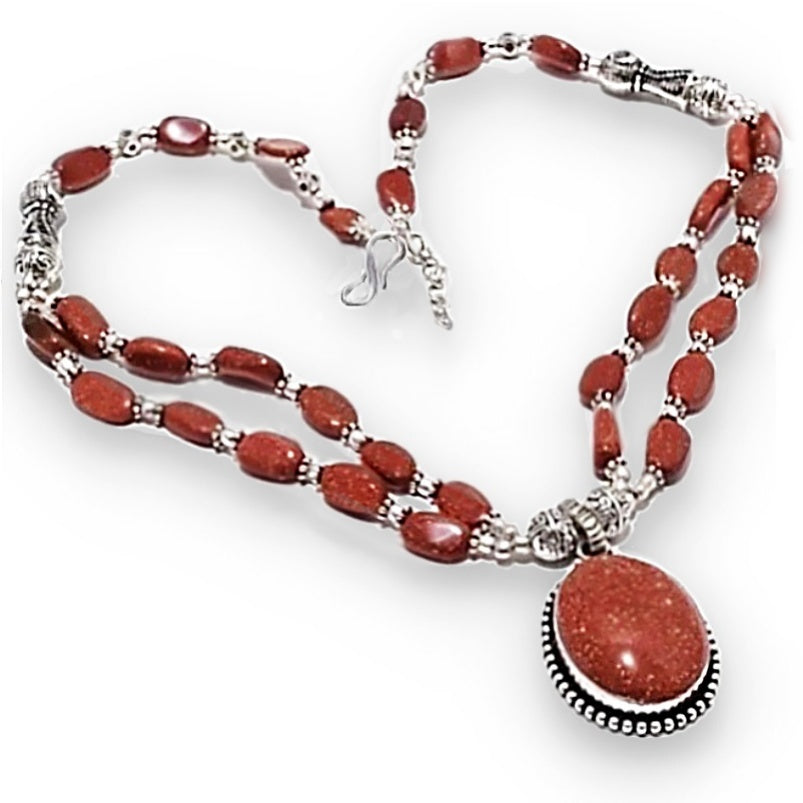 Handmade Shimmery Goldstone set in .925 Sterling Silver Necklace