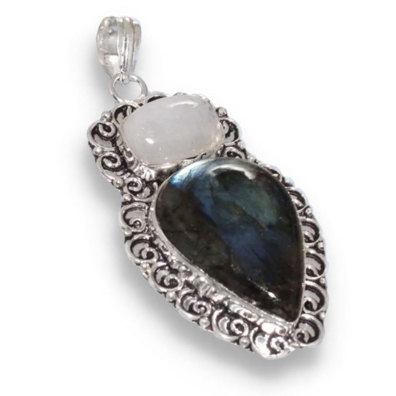 Antique Style Natural Fiery Labradorite, Moonstone Gemstone  .925 Silver Pendant