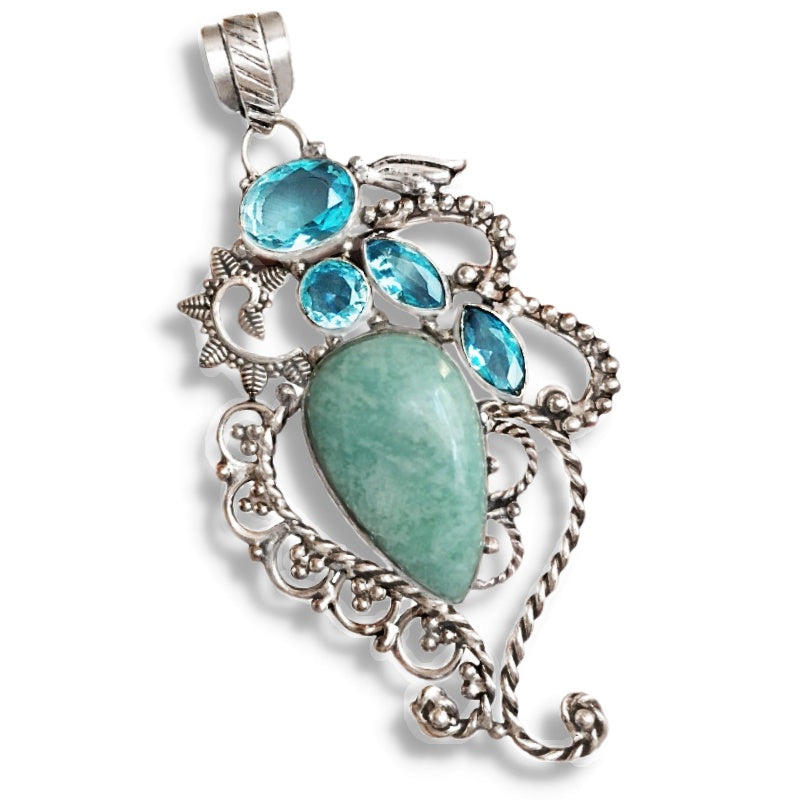 Handmade Natural Aquamarine, Blue Quartz Gemstone 925 Sterling Silver Pendant