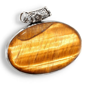 Natural Tigers Eye Oval Gemstone .925  Sterling Silver Pendant