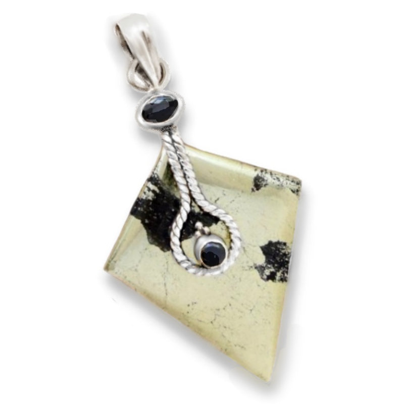 Natural Pyrite In Magnetite, Black Onyx Solid .925 Sterling Silver Pendant