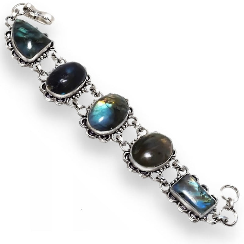 Handmade Natural Blue Fire Labradorite Gemstone .925 Silver Bracelet