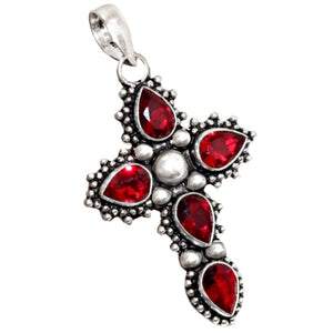 Antique Style Garnet Pear Gemstones .925 Silver Cross Pendant