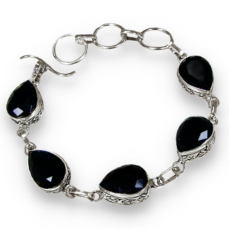 Handmade Natural Black Onyx Pears Gemstone .925 Silver Bracelet