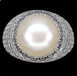 Natural Creamy White Pearl , White Cubic Zirconia Solid  .925 Sterling Silver Ring Size 7.5 - BELLADONNA