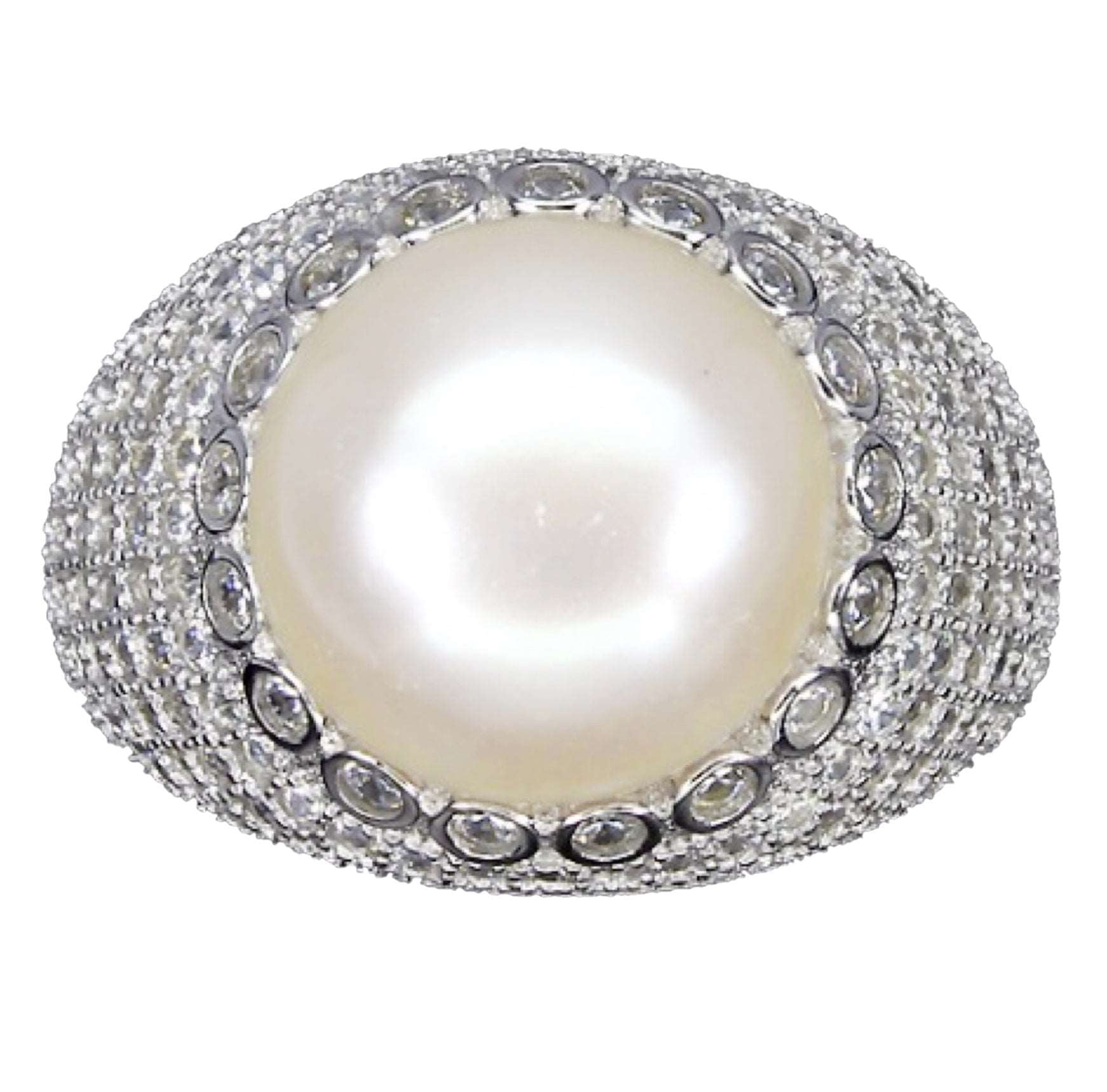 Natural Creamy White Pearl , White Cubic Zirconia Solid  .925 Sterling Silver Ring Size 7.5 - BELLADONNA