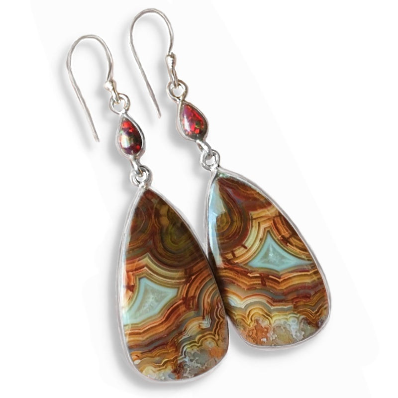 Natural Mexican Laguna Lace Agate, Fire Opal Gemstone Solid .925 Sterling Silver Earrings