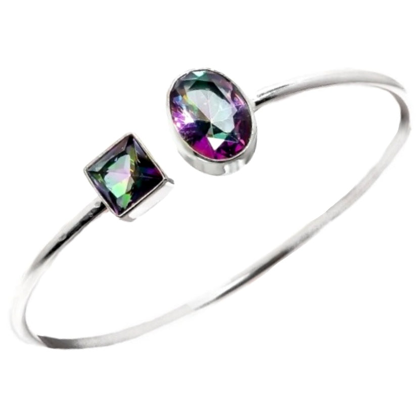 Modern Mystic Rainbow Topaz Gemstone In  925 Sterling Silver Cuff Bangle