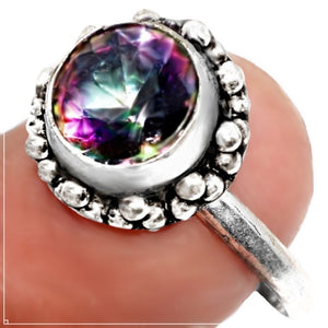 Handmade Dainty Mystic Rainbow Topaz Round Gemstone Ring .925 Sterling Silver. Size 8.5 or Q 1/2