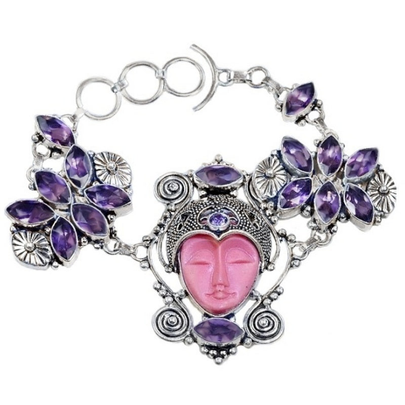 Carved Face Agate, Purple Amethyst Gemstone .925 Sterling Silver Bracelet