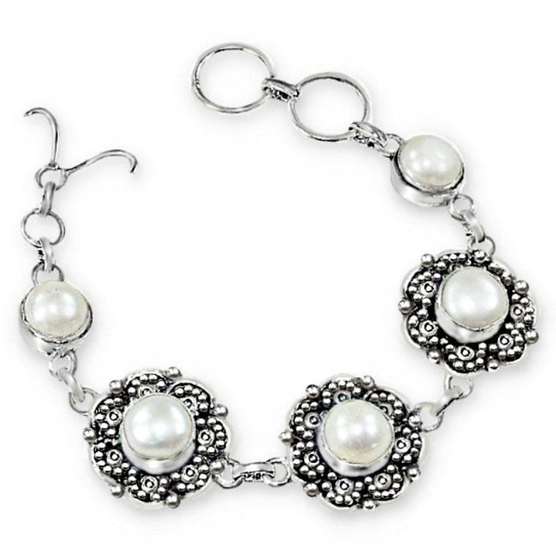 Creamy White River Pearl Antique style. 925 Sterling Silver Bracelet