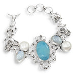 Natural Caribbean Larimar, Pearl, Moonstone Gemstone .925 Sterling Silver Bracelet