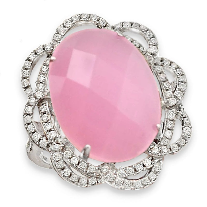 Turkey- Istanbul 15.68 cts Pink Chalcedony, White Topaz Solid.925 Sterling Silver Ring Size 8