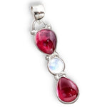 Natural Mozambique Garnet and Rainbow Moonstone Solid .925 Sterling Silver Pendant