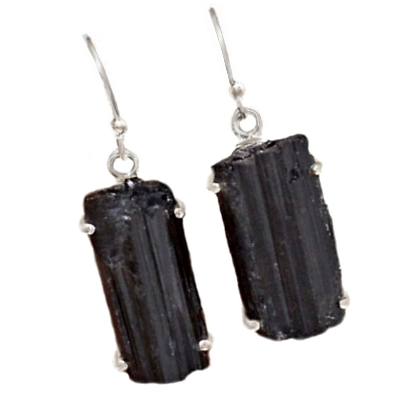 Natural Black Tourmaline Rough Gemstone Solid .925 Sterling Silver Earrings