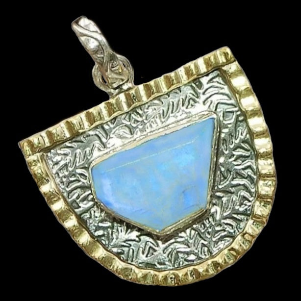 Two Tone Natural  Blue Schiller Rainbow Moonstone Solid .925 Sterling Silver Pendant