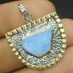 Two Tone Natural  Blue Schiller Rainbow Moonstone Solid .925 Sterling Silver Pendant