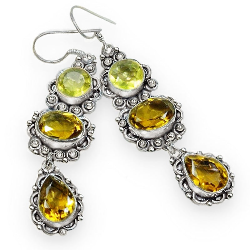 Handmade Lemon and Golden Citrine Mixed Shape Gemstone .925 Sterling Silver Earrings