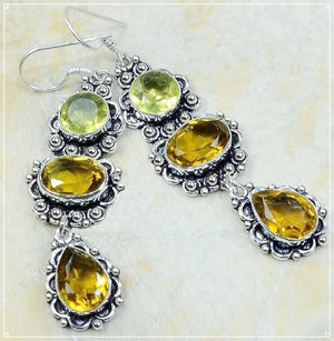 Handmade Lemon and Golden Citrine Mixed Shape Gemstone .925 Sterling Silver Earrings