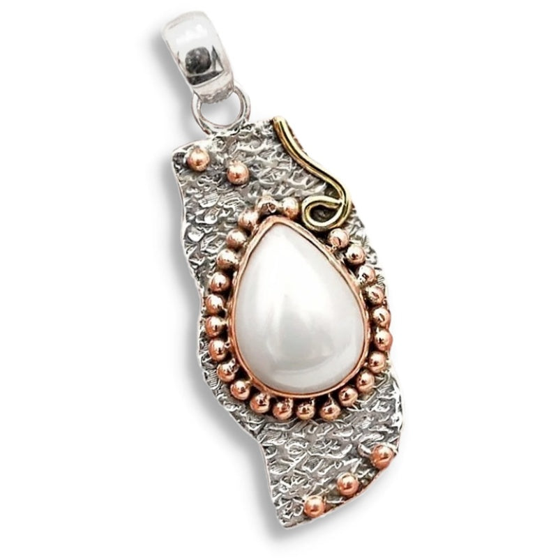 Three Tone Natural White Pearl Solid .925 Sterling Silver Pendant