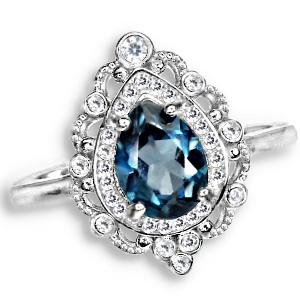 Deluxe Natural London Blue Topaz White Cz Solid .925 Sterling Silver Ring Size 8 or Q